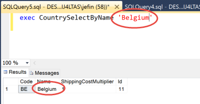 CountrySelectByName Stored Procedure Test